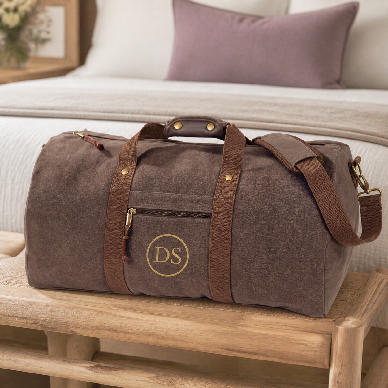 Personalised Vintage Brown Canvas Duffle Bag